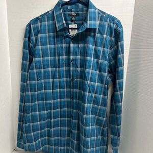 Alfani Mens Large Blue Plaid Woven Long Sleeve Button Down Shirt